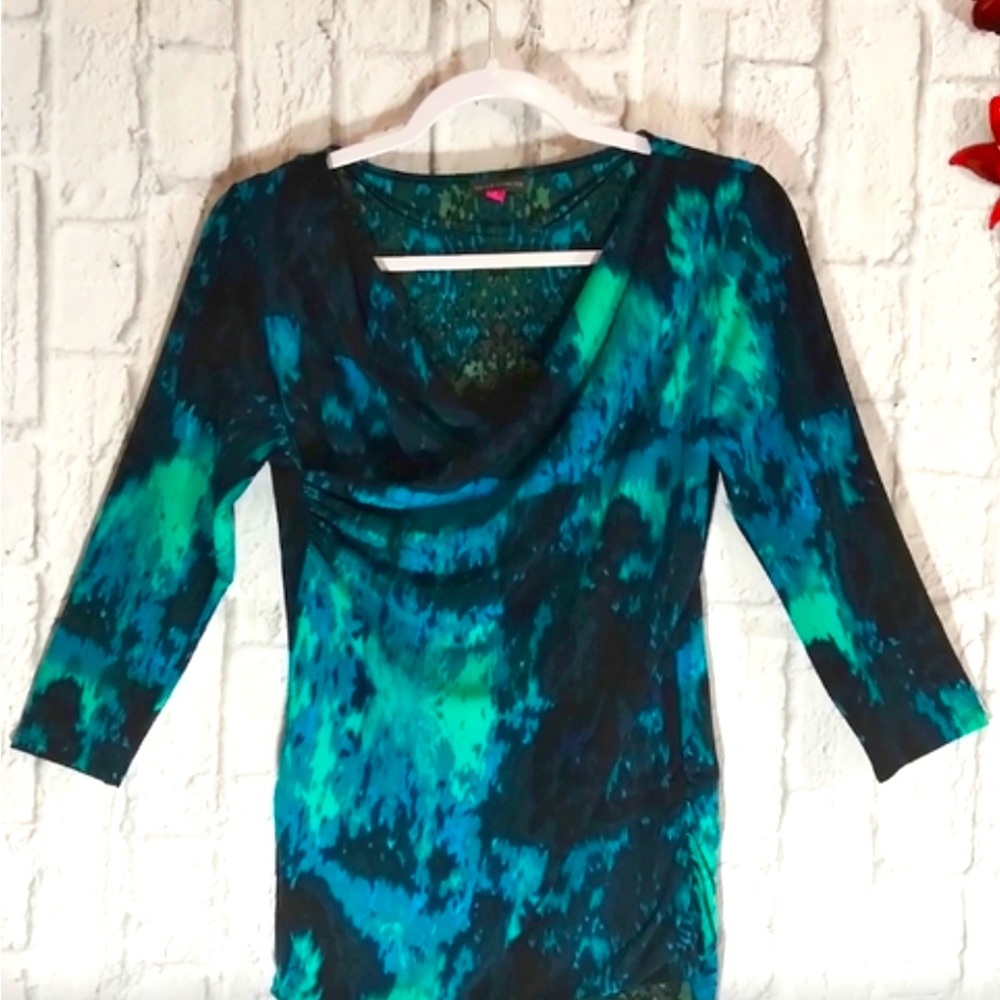 Vince Camuto Dropped Neck Rouched Printed Top